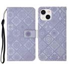 For iPhone 15 Plus Ethnic Style Embossed Pattern Leather Phone Case(Purple) - 1