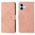 For iPhone 16 Plus Ethnic Style Embossed Pattern Leather Phone Case(Pink) - 1