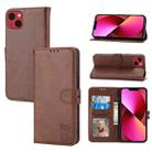 For iPhone 15 Embossed Happy Cat Pattern Flip Leather Phone Case(Brown) - 1