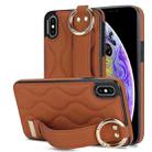 For iPhone XS Max Non-slip Full Coverage Ring PU Phone Case with Wristband(Brown) - 1