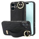 For iPhone 16 Plus Non-slip Full Coverage Ring PU Phone Case with Wristband(Black) - 1