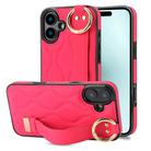 For iPhone 16 Plus Non-slip Full Coverage Ring PU Phone Case with Wristband(Rose Red) - 1