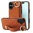 For iPhone 16 Plus Non-slip Full Coverage Ring PU Phone Case with Wristband(Brown) - 1