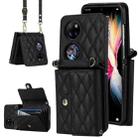 For Huawei P50 Pocket Rhombic Texture Card Bag PU Phone Case with Long Lanyard(Black) - 1