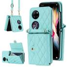 For Huawei P50 Pocket Rhombic Texture Card Bag PU Phone Case with Long Lanyard(Mint Green) - 1