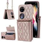 For Huawei P50 Pocket Rhombic Texture Card Bag PU Phone Case with Long Lanyard(Rose Gold) - 1