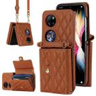 For Huawei P50 Pocket Rhombic Texture Card Bag PU Phone Case with Long Lanyard(Brown) - 1