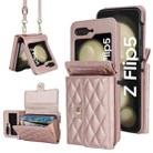 For Samsung Galaxy Z Flip5 Rhombic Texture Card Bag PU Phone Case with Long Lanyard(Rose Gold) - 1