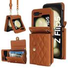 For Samsung Galaxy Z Flip5 Rhombic Texture Card Bag PU Phone Case with Long Lanyard(Brown) - 1