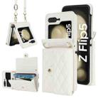 For Samsung Galaxy Z Flip5 Rhombic Texture Card Bag PU Phone Case with Long Lanyard(White) - 1