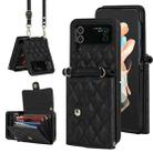 For Samsung Galaxy Z Flip4 Rhombic Texture Card Bag PU Phone Case with Long Lanyard(Black) - 1
