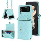 For Samsung Galaxy Z Flip4 Rhombic Texture Card Bag PU Phone Case with Long Lanyard(Mint Green) - 1