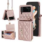 For Samsung Galaxy Z Flip4 Rhombic Texture Card Bag PU Phone Case with Long Lanyard(Rose Gold) - 1