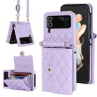 For Samsung Galaxy Z Flip4 Rhombic Texture Card Bag PU Phone Case with Long Lanyard(Purple) - 1