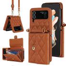 For Samsung Galaxy Z Flip4 Rhombic Texture Card Bag PU Phone Case with Long Lanyard(Brown) - 1