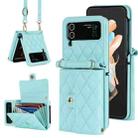 For Samsung Galaxy Z Flip3 Rhombic Texture Card Bag PU Phone Case with Long Lanyard(Mint Green) - 1