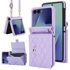 For Samsung Galaxy Z Flip7 5G Rhombic Texture Card Bag PU Phone Case with Long Lanyard(Purple) - 1