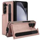 For Samsung Galaxy Z Fold5 Full Coverage Fold Double Buckle PU Phone Case with Pen Slots(Rose Gold) - 1