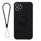 For iPhone 11 Solid Color Liquid Silicone Shockproof Full Coverage Protective Case with Ring Holder & Lanyard(Black) - 1