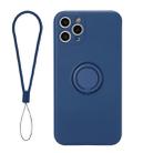 For iPhone 11 Solid Color Liquid Silicone Shockproof Full Coverage Protective Case with Ring Holder & Lanyard(Dark Blue) - 1