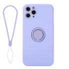 For iPhone 11 Pro Solid Color Liquid Silicone Shockproof Full Coverage Protective Case with Ring Holder & Lanyard(Light Purple) - 1