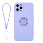 For iPhone 11 Pro Max Solid Color Liquid Silicone Shockproof Full Coverage Protective Case with Ring Holder & Lanyard(Light Purple) - 1