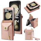 For Samsung Galaxy Z Flip5 Zipper Card Slots Folding Phone Case with Long Lanyard(Rose Gold) - 1