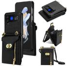 For Samsung Galaxy Z Flip4 Zipper Card Slots Folding Phone Case with Long Lanyard(Black) - 1