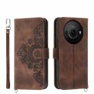 For Sharp Aquos R8 Pro Skin-feel Flowers Embossed Wallet Leather Phone Case(Brown) - 1