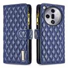 For OPPO Find X7 Diamond Lattice Zipper Wallet Leather Flip Phone Case(Blue) - 1