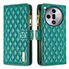 For OPPO Find X7 Diamond Lattice Zipper Wallet Leather Flip Phone Case(Green) - 1