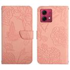 For Motorola Moto G84 HT03 Skin Feel Butterfly Embossed Flip Leather Phone Case(Pink) - 1