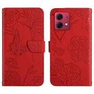 For Motorola Moto G84 HT03 Skin Feel Butterfly Embossed Flip Leather Phone Case(Red) - 1