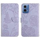 For Motorola Moto G34 5G HT03 Skin Feel Butterfly Embossed Flip Leather Phone Case(Purple) - 1