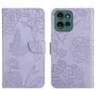 For Motorola Edge 50 5G HT03 Skin Feel Butterfly Embossed Flip Leather Phone Case(Purple) - 1