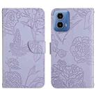 For Motorola Moto G45 5G HT03 Skin Feel Butterfly Embossed Flip Leather Phone Case(Purple) - 1