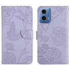 For Motorola Moto G35 5G HT03 Skin Feel Butterfly Embossed Flip Leather Phone Case(Purple) - 1