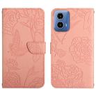 For Motorola Moto G35 5G HT03 Skin Feel Butterfly Embossed Flip Leather Phone Case(Pink) - 1