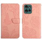 For Motorola Moto G75 5G HT03 Skin Feel Butterfly Embossed Flip Leather Phone Case(Pink) - 1
