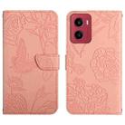 For Motorola Moto G05 HT03 Skin Feel Butterfly Embossed Flip Leather Phone Case(Pink) - 1