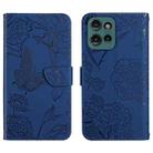 For Motorola Moto G15 HT03 Skin Feel Butterfly Embossed Flip Leather Phone Case(Blue) - 1