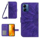 For Motorola Moto G14 HT04 Skin Feel Sun Flower Embossed Flip Leather Phone Case with Lanyard(Dark Purple) - 1