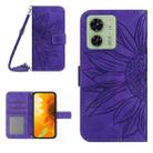 For Motorola Edge 40 HT04 Skin Feel Sun Flower Embossed Flip Leather Phone Case with Lanyard(Dark Purple) - 1