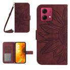 For Motorola Moto G84 HT04 Skin Feel Sun Flower Embossed Flip Leather Phone Case with Lanyard(Wine Red) - 1