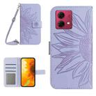 For Motorola Moto G84 HT04 Skin Feel Sun Flower Embossed Flip Leather Phone Case with Lanyard(Purple) - 1