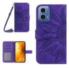 For Motorola Moto G34 5G HT04 Skin Feel Sun Flower Embossed Flip Leather Phone Case with Lanyard(Dark Purple) - 1