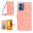 For Motorola Moto G04 / G24 HT04 Skin Feel Sun Flower Embossed Flip Leather Phone Case with Lanyard(Pink) - 1