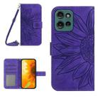 For Motorola Moto G 5G 2025 HT04 Skin Feel Sun Flower Embossed Flip Leather Phone Case with Lanyard(Dark Purple) - 1
