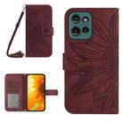 For Motorola Moto G Play 2025 HT04 Skin Feel Sun Flower Embossed Flip Leather Phone Case with Lanyard(Wine Red) - 1