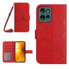 For Motorola Moto G15 HT04 Skin Feel Sun Flower Embossed Flip Leather Phone Case with Lanyard(Red) - 1